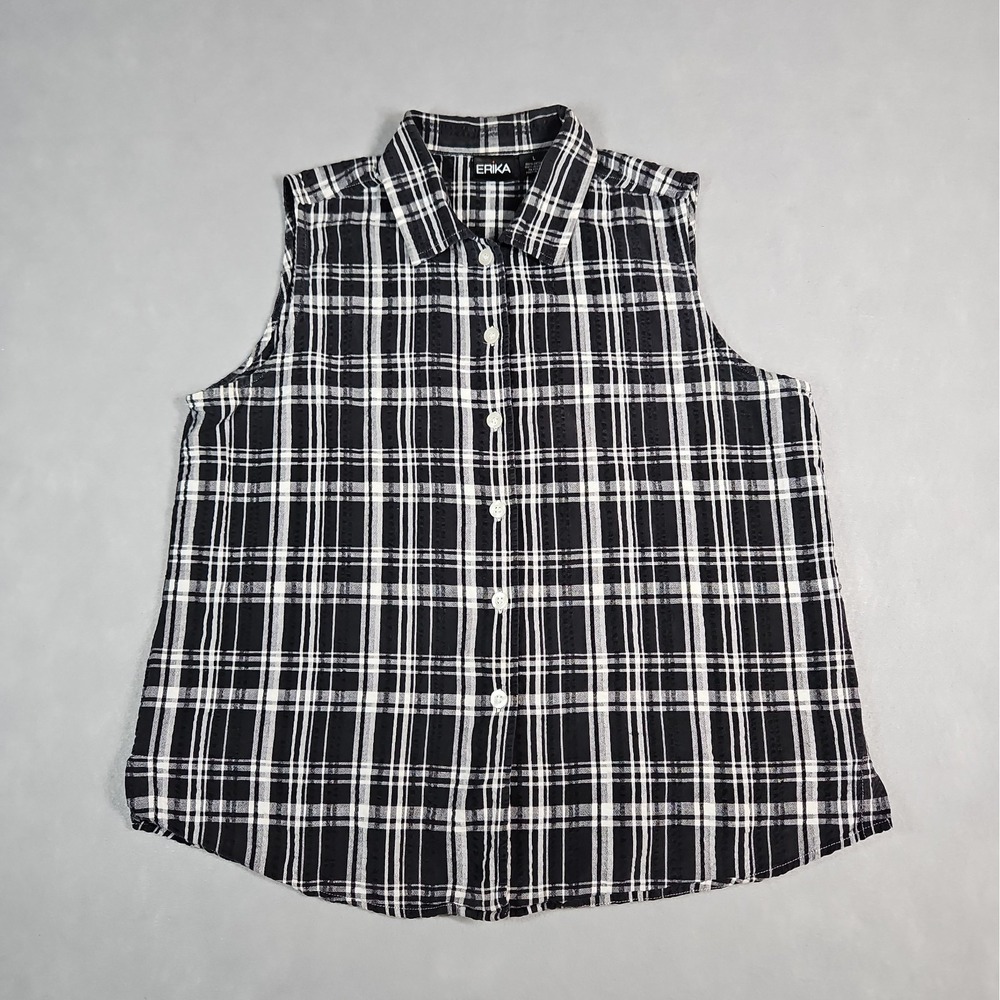 Erika Womens Black White Plaid Button Up Sleeveless Shirt Size Large
